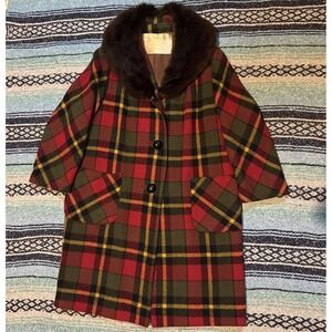Vintage 50s 60s Joseph Bernard Womens Long Coat Fur Collar Wool Plaid Lassie